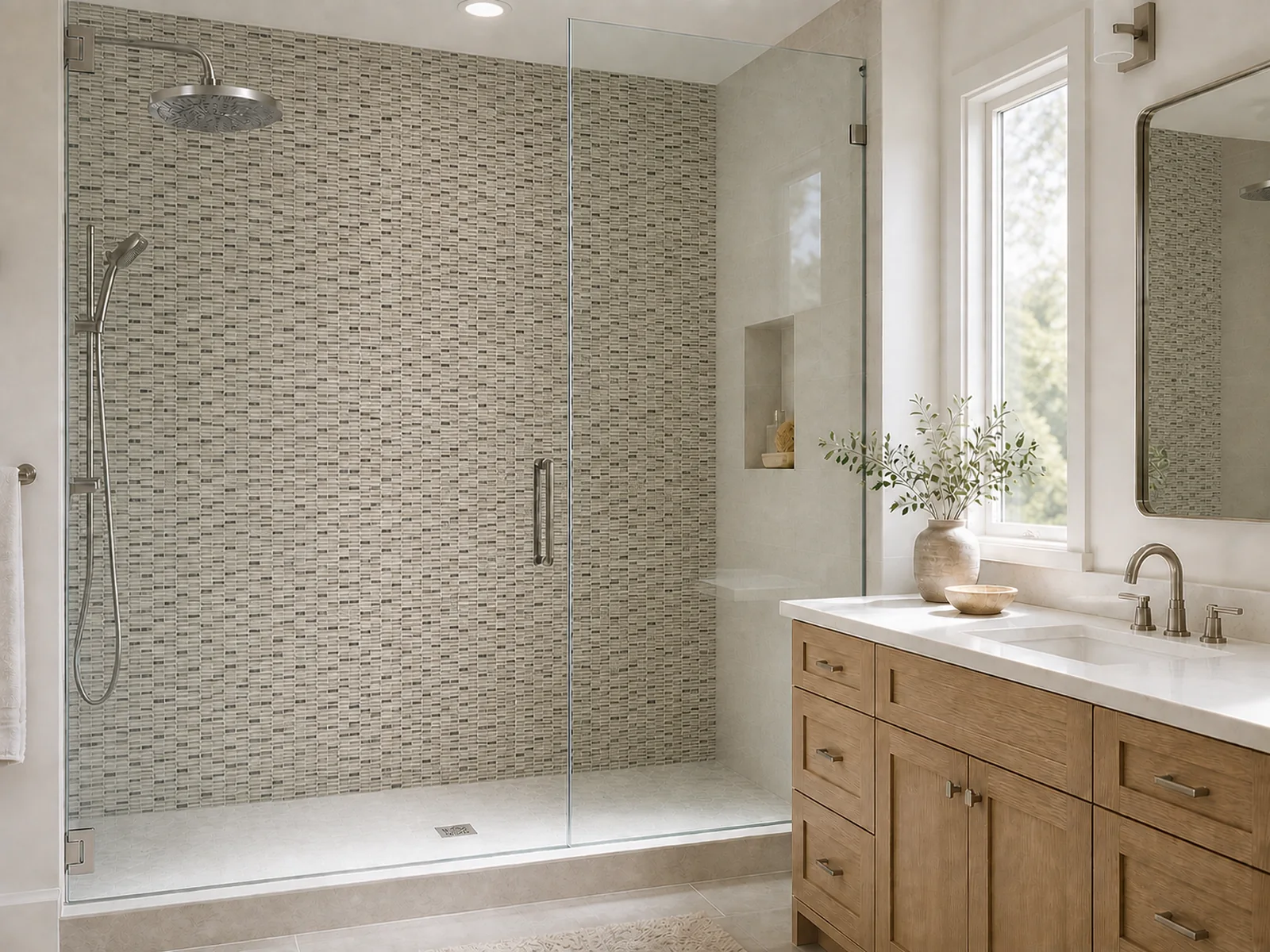 Foggia MX011 0.6 x 2 Inch Mosaic – Bathroom Shower Foggia MX011 0.6 x 2 inch glass and marble mosaic installed on a modern shower wall