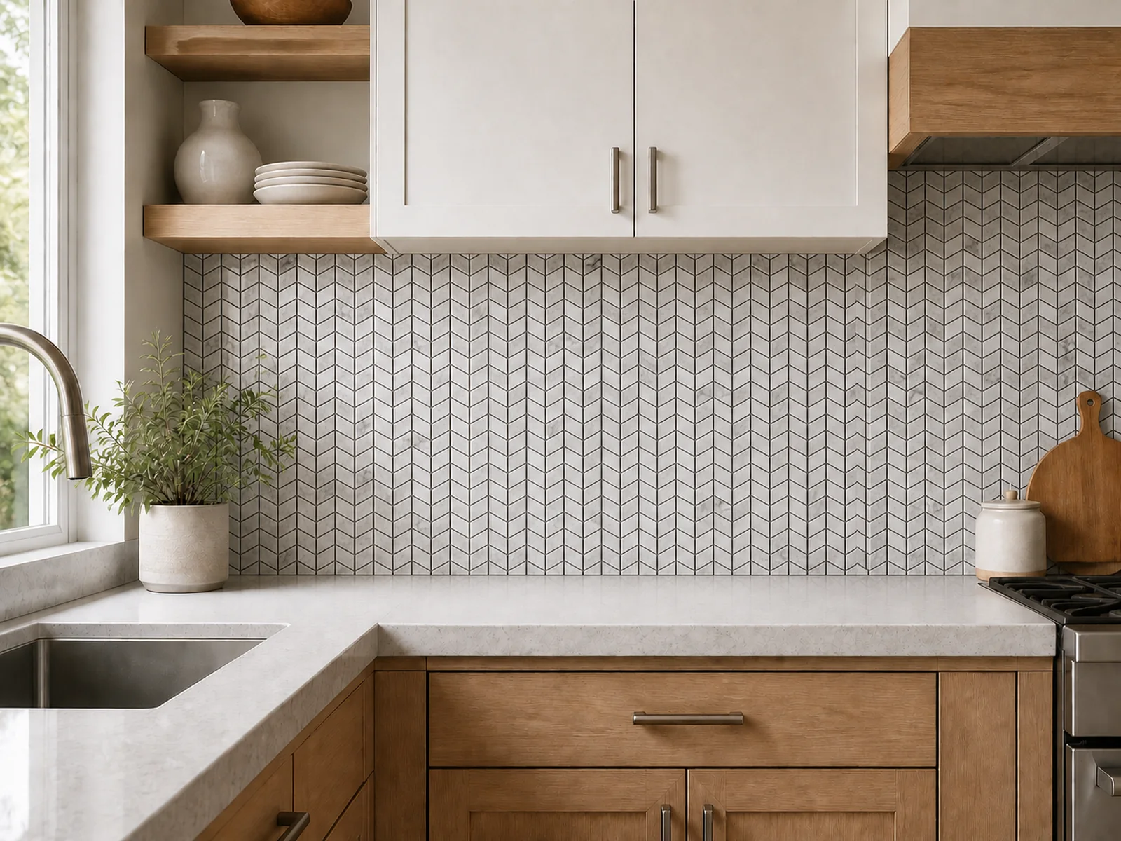 Messina ST001 0.8 x 0.8 Inch Marble Chevron – Kitchen Backsplash Messina ST001 0.8 x 0.8 inch marble chevron mosaic installed as a modern kitchen backsplash