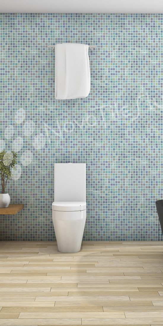 Modern bathroom with Monticello Light Blue glass mosaic tile feature wall