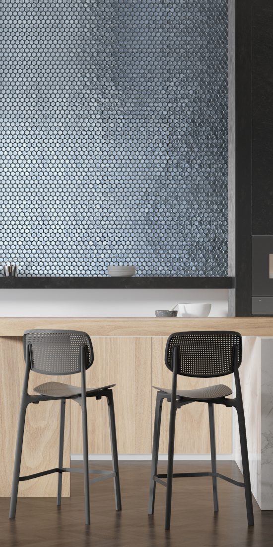 Modern kitchen with Amalfi Silver glass penny round mosaic tile backsplash