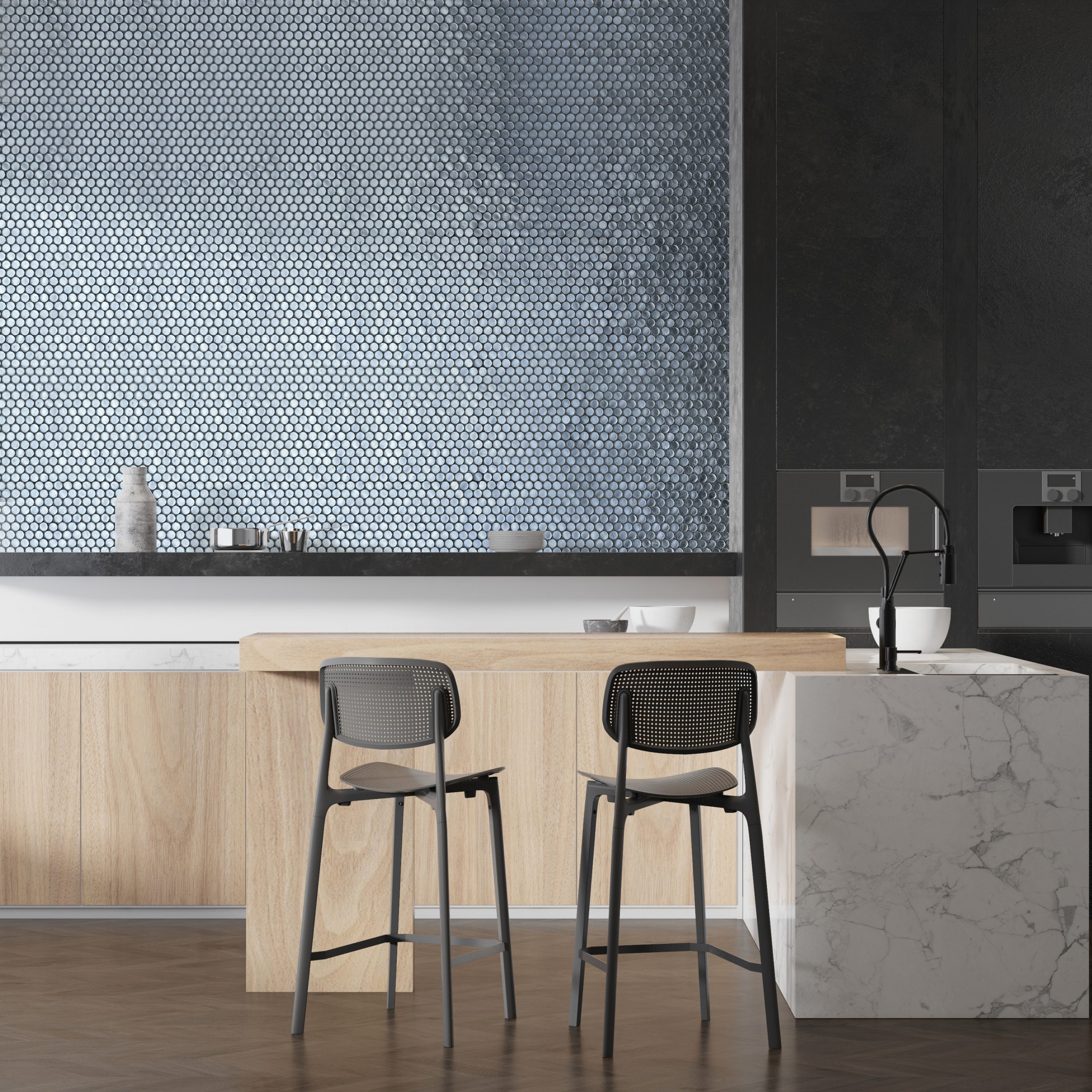 Modern kitchen with Amalfi Silver glass penny round mosaic tile backsplash