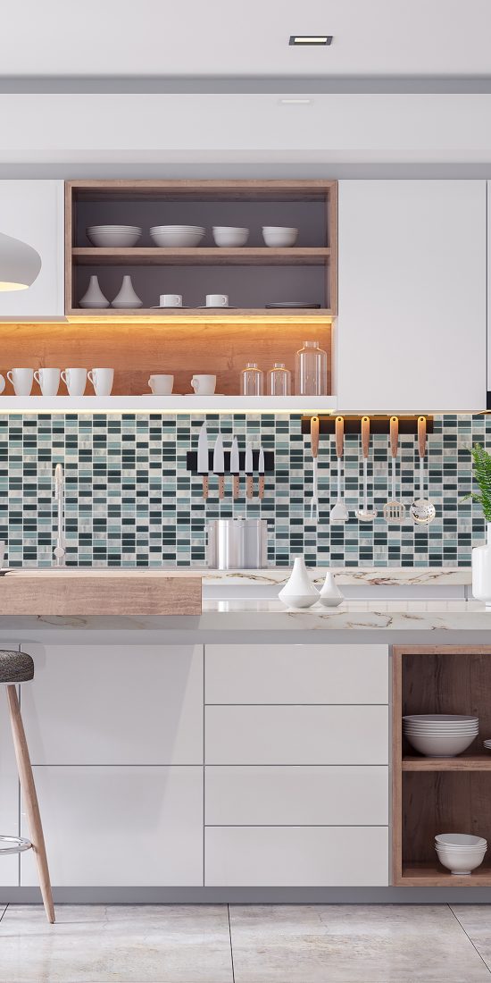 Gray marble and glass mosaic tile kitchen backsplash